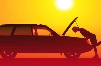 Silhouette of a person pushing a car with its hood up at sunset sunlit orange sky.